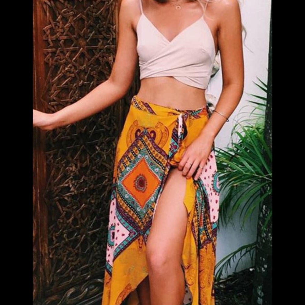 Cupshe Yellow Printed Maxi Wrap Skirt with Pink & Teal Accents